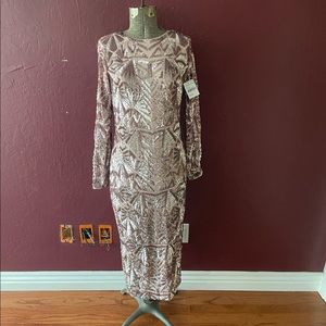 BRAND NEW Sequin Rose Gold Cocktail Bodycon Nordstrom Nude Mesh Geometric Dress